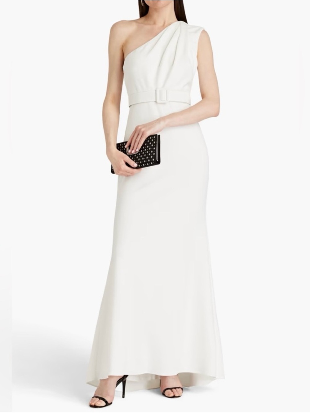 BADGLEY MISCHKA One-shoulder belted crepe gown NWT 8